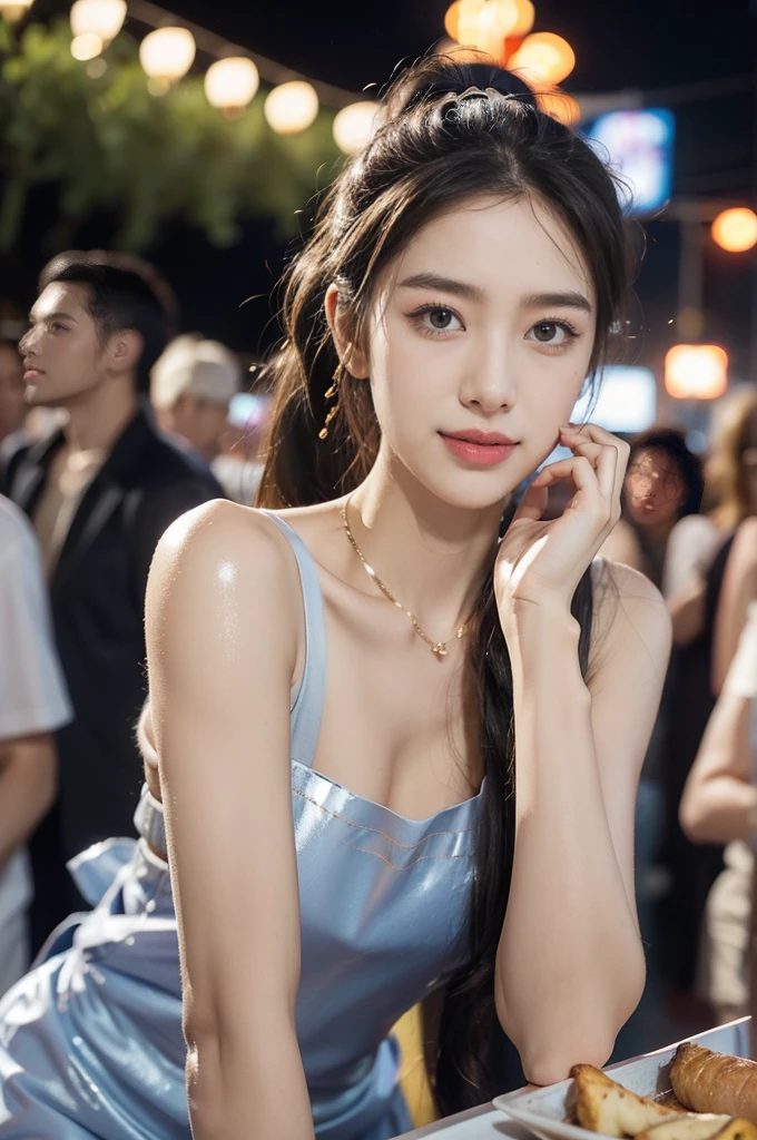 (((best quality))),(((ultra detailed))),(((masterpiece))),illustration,((1 beautiful girl,solo)),((slim,thin)),((small breasts,flat chest)),summer night,metropolis,barbecue joint,humble,vibrant energy,city that never sleeps,(short ponytail:1.2),(((female orgasmic,blush))),(sweat:1.3),(shiny skin:1.5),(sheer apron:1.3),((bare shoulders,bare arms)),(gloves:1.3),(slender legs:1.2),lightweight,practicality,style,sizzling hot grill,smooth,tanned skin,soft glow,skillfully,skewers,meat,intense concentration,bright eyes,alert,passion for work,atmosphere,vibrant,dynamic,laughter,conversation,sizzle,crackle,aromatic scent,tinged,radiant smile,genuine enjoyment,easy manner,warm presence,community,dedication,beauty in simplicity,midst of bustling city streets,outdoor,midnight,((from front,upper body)),(surrounded by crowded crowds:1.3)