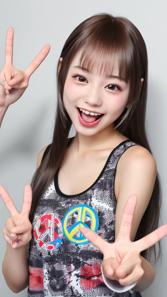 long tongue, wide open mouth and showing teeth, natural smile, (((peace sign))), index finger and middle finger raised, peace sign, peace sign, Japanese girl, 20 year old girl, beautiful, pretty face, cute face, mischievous expression, tank top,