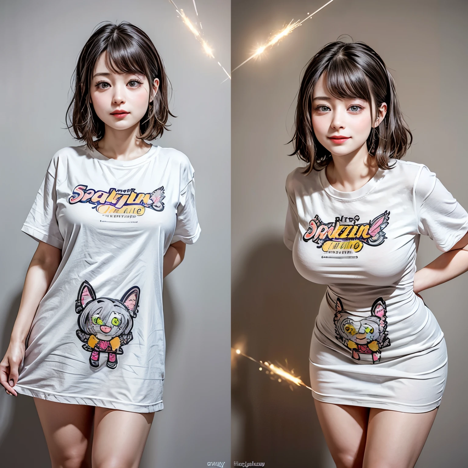 White and Bright Red, (Masterpiece 8K TopQuality:1.2) (ProfessionalPhoto:1.37) ExtremelyDetailed (((FullBody, KAWAII girl with HUGE boobs:1.37)) in (WHITE cotton T-shirt dress:1.28) with (LifeSize her Rialistic portrait printed on it:1.37)) detailed (Delicate cotton textures) ((Studio Dark GRAY Background) with (Oodles Dazzling Neon Color Particles:1.32))  BREAK  (((NOGIZAKA FaceVariations))), Extremely Detailed (very KAWAII Face), Childish CaptivatingGaze Stunning ParfectEyes ElaboratePupils with (SparklingHighlights:1.28), DoubleEyelids with (Detailed Voluminous LongEyelashes:0.88), Small GlossyRedLips with BeautifulDetails, CoquettishTongue, PUNIPUNI RosyCheeks, Radiant PearlSkin with Transparency, Glowing DowneyHair . { (Dynamic Joyful expressions LifeLike Rendering:1.4) | (:d) }, (large eyes:-1) . 