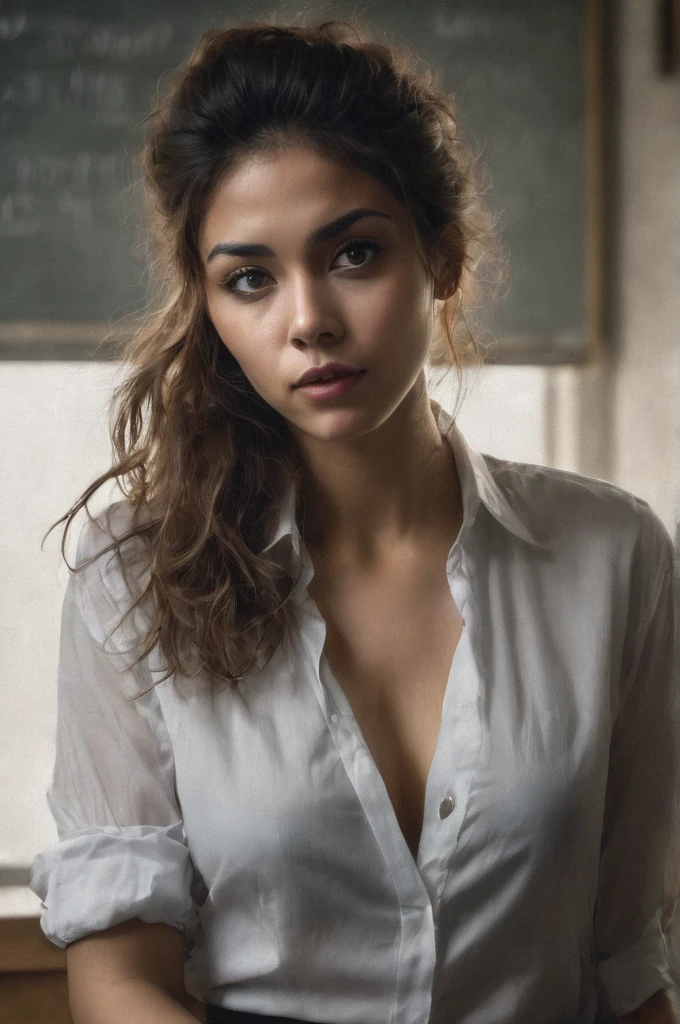 advertising poster style, (solo, full body photo:1.3), (shushing:1.3), (haze, fog, mist:1.3), chiaroscuro, AnalogRedmAF A stunning woman with messy hair, flirty, sits in a classroom, artwork on the blackboard, short black skirt, unbuttoned white blouse, messy bun, camera,highres, extremely detailed, 1woman,beautiful detailed woman,full body, realistic, light on face, cinematic lighting, perfect eyes Professional, modern, product-focused, commercial, eye-catching, highly detailed