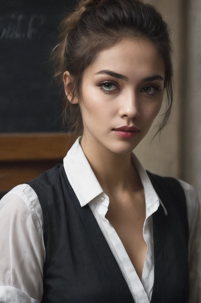 advertising poster style, (solo, full body photo:1.3), (shushing:1.3), (haze, fog, mist:1.3), chiaroscuro, AnalogRedmAF A stunning woman with messy hair, flirty, sits in a classroom, artwork on the blackboard, short black skirt, unbuttoned white blouse, messy bun, camera,highres, extremely detailed, 1woman,beautiful detailed woman,full body, realistic, light on face, cinematic lighting, perfect eyes Professional, modern, product-focused, commercial, eye-catching, highly detailed