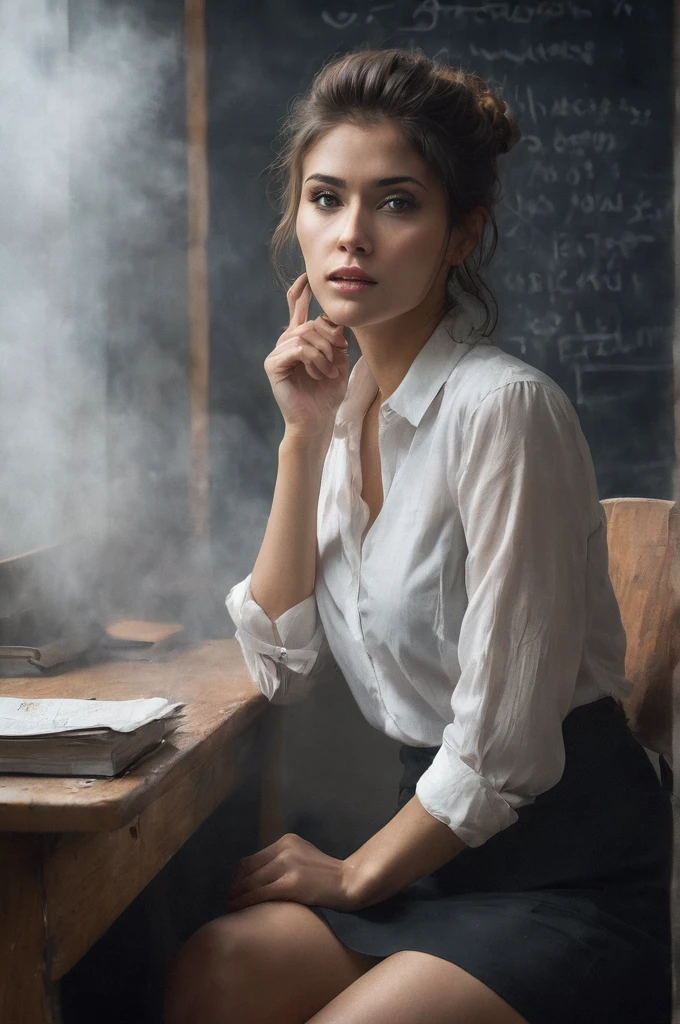advertising poster style, (solo, full body photo:1.3), (shushing:1.3), (haze, fog, mist:1.3), chiaroscuro, AnalogRedmAF A stunning woman with messy hair, flirty, sits in a classroom, artwork on the blackboard, short black skirt, unbuttoned white blouse, messy bun, camera,highres, extremely detailed, 1woman,beautiful detailed woman,full body, realistic, light on face, cinematic lighting, perfect eyes Professional, modern, product-focused, commercial, eye-catching, highly detailed