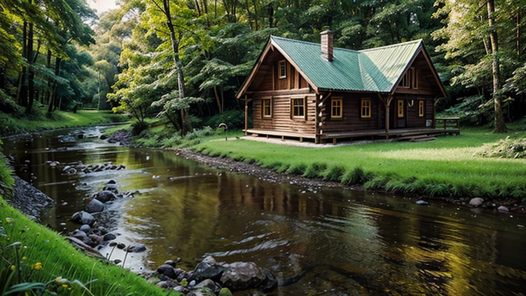 Realistic and vivid natural images. wooden house next to the stream. lush greenery, Lush green grass. bright color combination