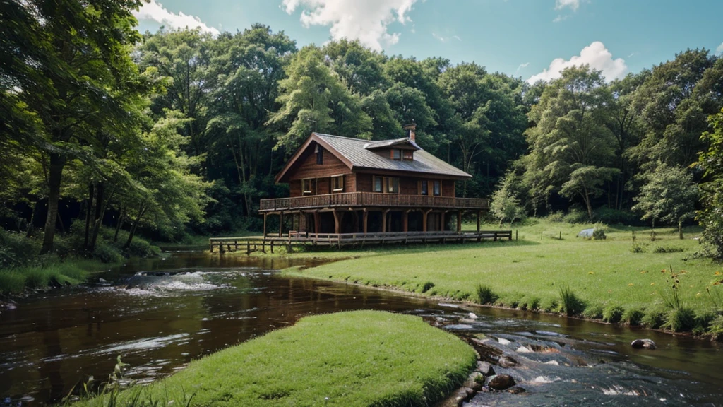 Realistic and vivid natural images. wooden house next to the stream. lush greenery, Lush green grass. bright color combination