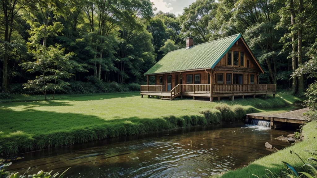 Realistic and vivid natural images. wooden house next to the stream. lush greenery, Lush green grass. bright color combination