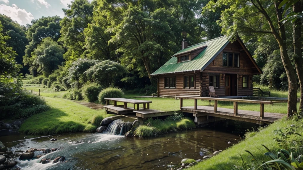 Realistic and vivid natural images. wooden house next to the stream. lush greenery, Lush green grass. bright color combination