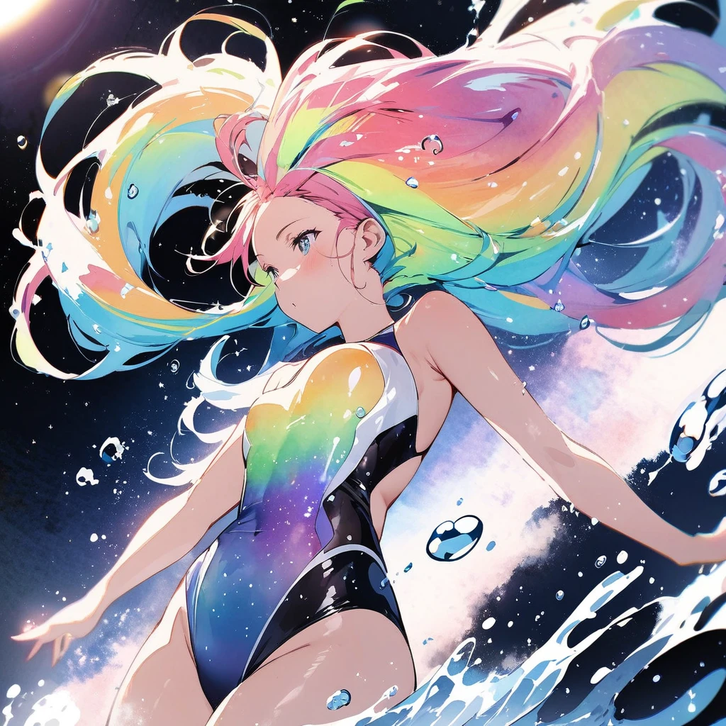 Top quality, masterpiece, watercolor style, swimming girl, rainbow colored hair, space style swimsuit, beautiful water splashes, outer space, beautiful galaxy, water drops,クロール
