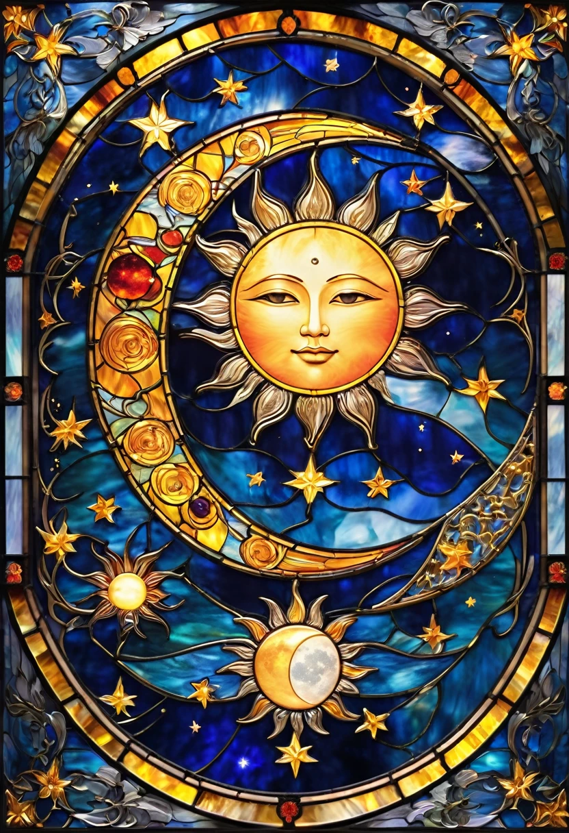 Stained Glass Art,Intricate details,Bright colors,With radiant sun and tranquil moon and stars。The sun is in the upper part,The moon is in the lower half,Both are set against a dark blue cosmic background with stars scattered around,Added a celestial theme。The sun shines brightly,The moon is softly lit。Gold outlines define the elements,Create exquisite and elegant designs。The overall atmosphere is mysterious and charming