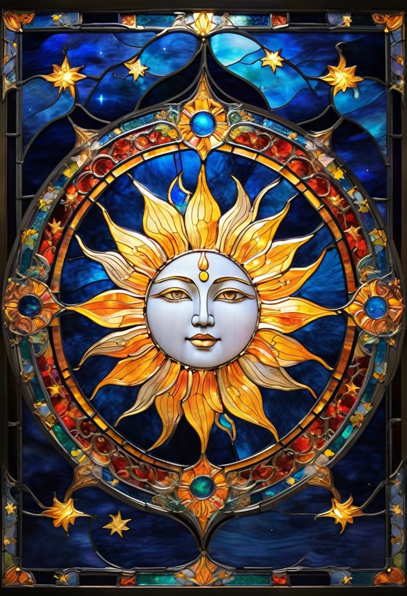 Stained Glass Art，Intricate details，Bright colors，With radiant sun and tranquil moon and stars。The sun is in the upper part，The moon is in the lower half，Both are set against a dark blue cosmic background with stars scattered around，Added a celestial theme。The sun shines brightly，The moon is softly lit。Gold outlines define the elements，Create exquisite and elegant designs。The overall atmosphere is mysterious and charming