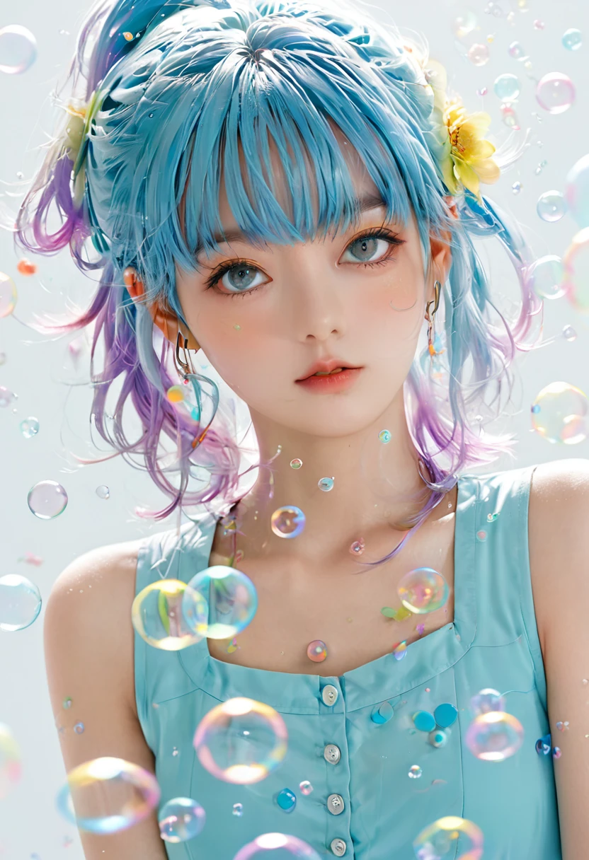(masterpiece), (best quality), (Super detailed),(Disk hair),(illustration), (1 girl), (fashion clothing), permanent, fashion model, looking at the audience, (interview), (Simple background), beautiful and delicate eyes, exquisite beauty, floating, (high saturation), (colorful splash), Colorful bubbles, (shine), focus on face, ponytail, Ayaka Kamisato, light blue hair, Bangs, Hair ring, floating flowers, flowing hair, (shining), best lighting, best shadow, whole body, vista