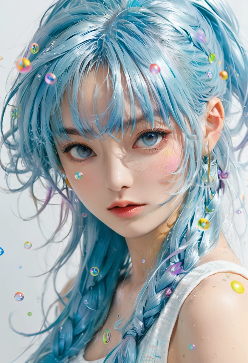 (masterpiece), (best quality), (Super detailed),(Disk hair),(illustration), (1 girl), (fashion clothing), permanent, fashion model, looking at the audience, (interview), (Simple background), beautiful and delicate eyes, exquisite beauty, floating, (high saturation), (colorful splash), Colorful bubbles, (shine), focus on face, ponytail, Ayaka Kamisato, light blue hair, Bangs, Hair ring, floating flowers, flowing hair, (shining), best lighting, best shadow, whole body, vista