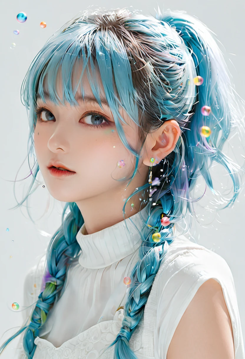 (masterpiece), (best quality), (Super detailed),(Disk hair),(illustration), (1 girl), (fashion clothing), permanent, fashion model, looking at the audience, (interview), (Simple background), beautiful and delicate eyes, exquisite beauty, floating, (high saturation), (colorful splash), Colorful bubbles, (shine), focus on face, ponytail, Ayaka Kamisato, light blue hair, Bangs, Hair ring, floating flowers, flowing hair, (shining), best lighting, best shadow, whole body, vista