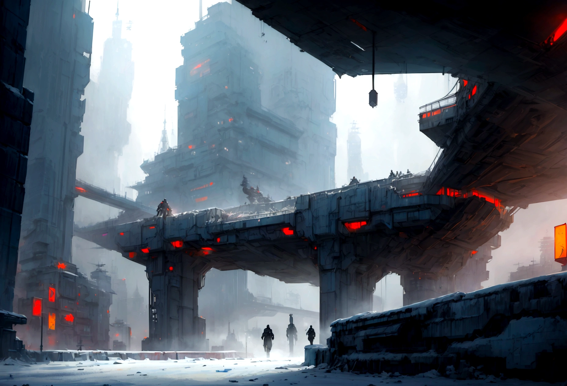 Futuristic, landscape sidescroller, a bridge in a city, urban concept art, winter concept art, bastien grivet, concept art scene, 2d concept art, digital concept art of dystopian, ❄️ corruption conceptart, cyberpunk themed art, andreas rocha style, cold environment, detailed digital concept art, concept art style, professional concept art, cyberpunk art style