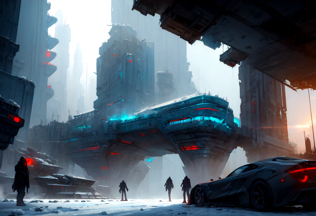Futuristic, landscape sidescroller, a bridge in a city, urban concept art, winter concept art, bastien grivet, concept art scene, 2d concept art, digital concept art of dystopian, ❄️ corruption conceptart, cyberpunk themed art, andreas rocha style, cold environment, detailed digital concept art, concept art style, professional concept art, cyberpunk art style