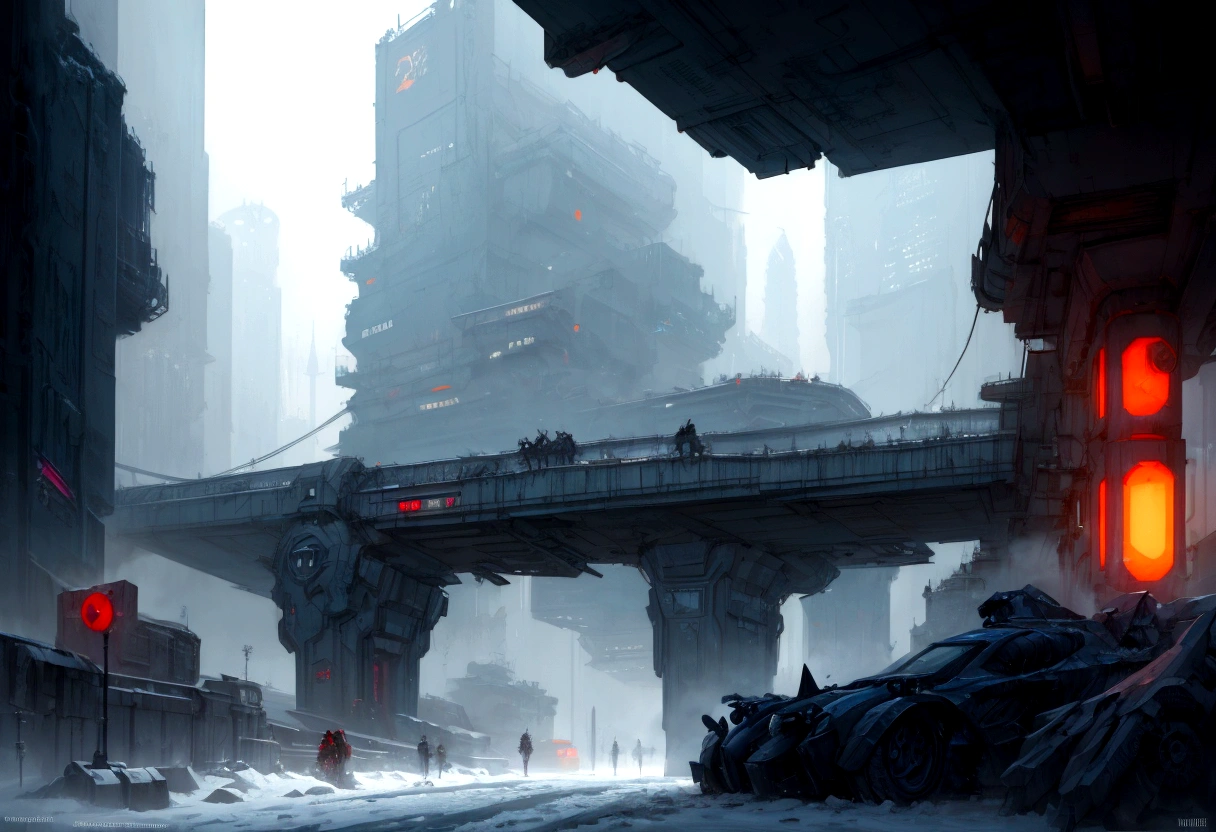 Futuristic, landscape sidescroller, a bridge in a city, urban concept art, winter concept art, bastien grivet, concept art scene, 2d concept art, digital concept art of dystopian, ❄️ corruption conceptart, cyberpunk themed art, andreas rocha style, cold environment, detailed digital concept art, concept art style, professional concept art, cyberpunk art style