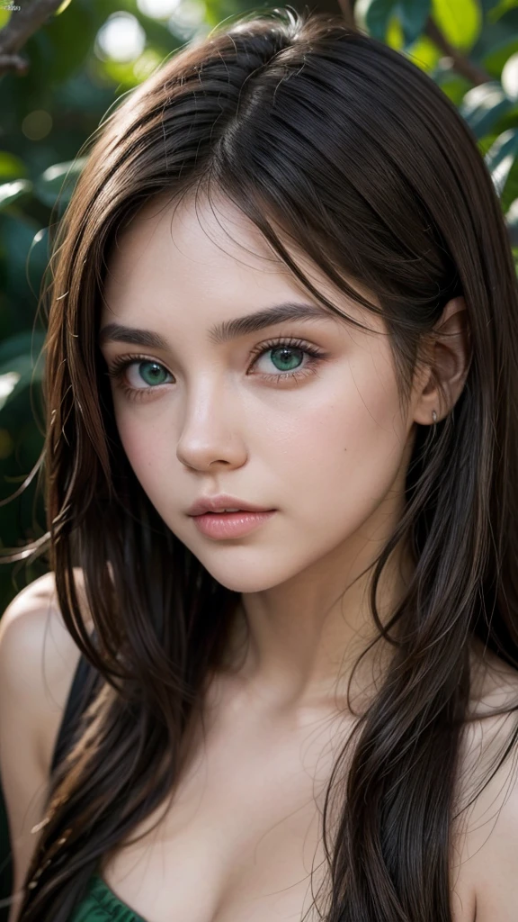 mexican brunette, fine features, green eyes