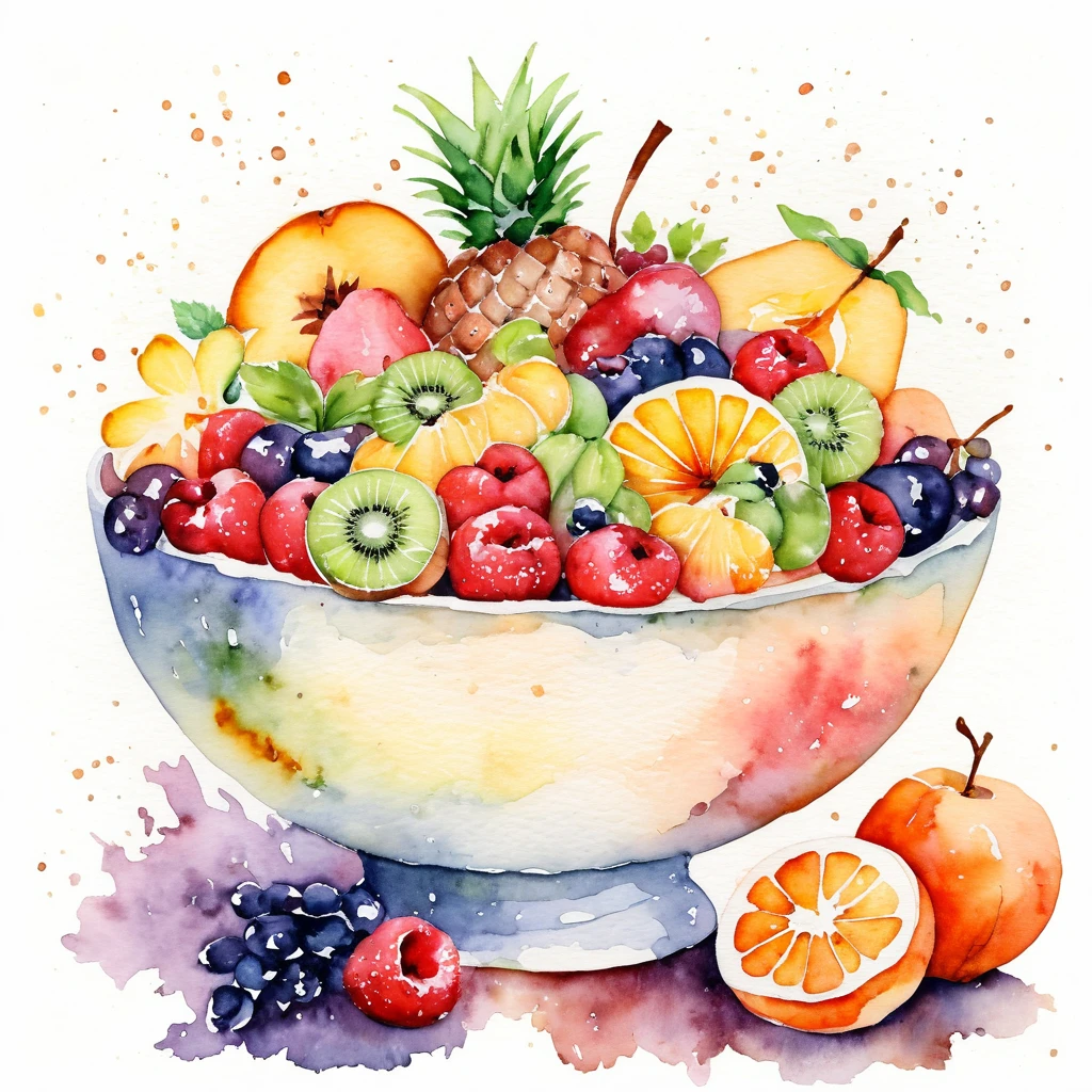 a painting of a beautiful ceramics bowl of delicious fruit salad , ((watercolor)), solid white background, center composition, negative space around the object, washed out natural color, detailed masterpiece, clipart, natural color, cinematic