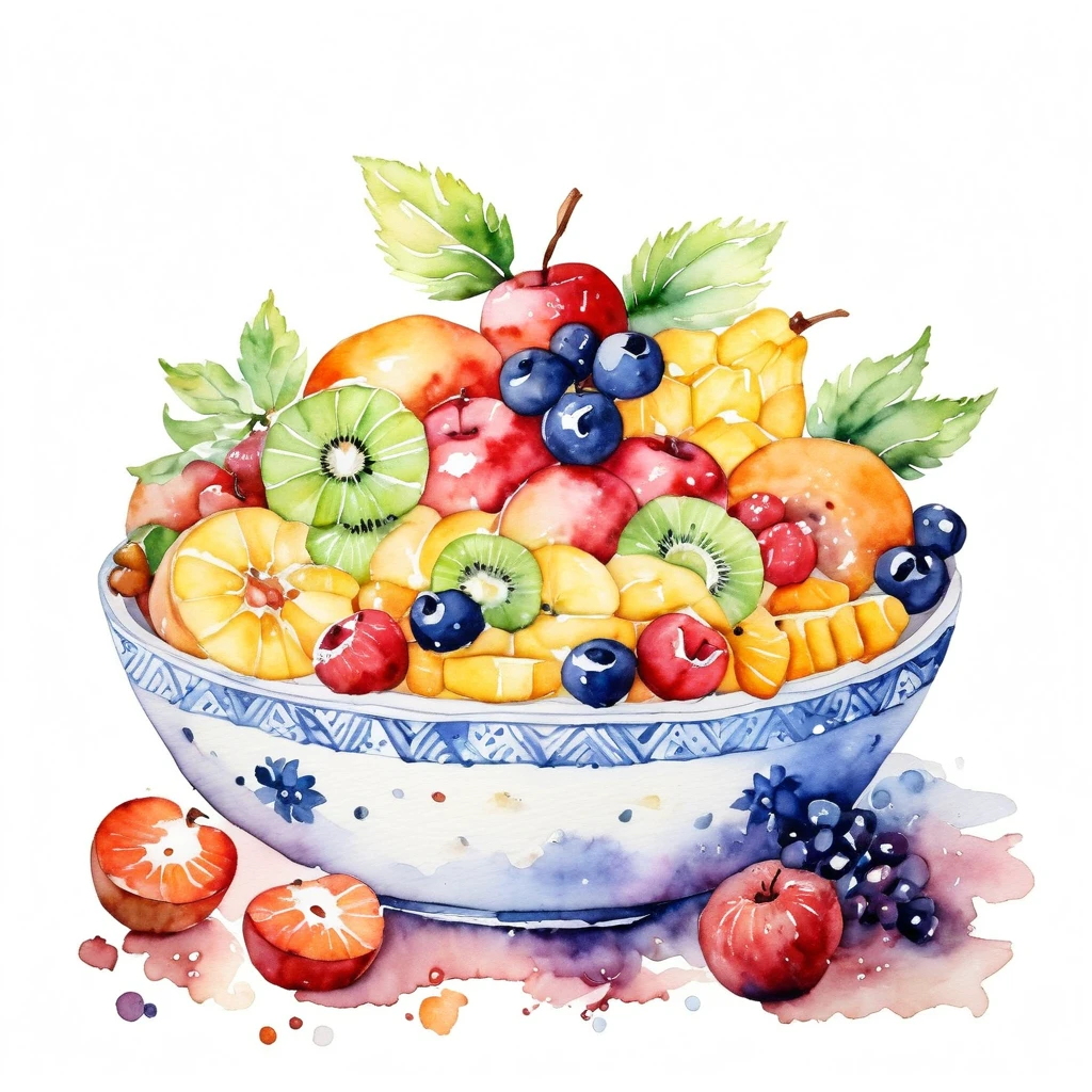 a painting of a beautiful ceramics bowl of delicious fruit salad , ((watercolor)),  solid white background, center composition, negative space around the object, washed out natural color, detailed masterpiece, clipart, natural color, cinematic