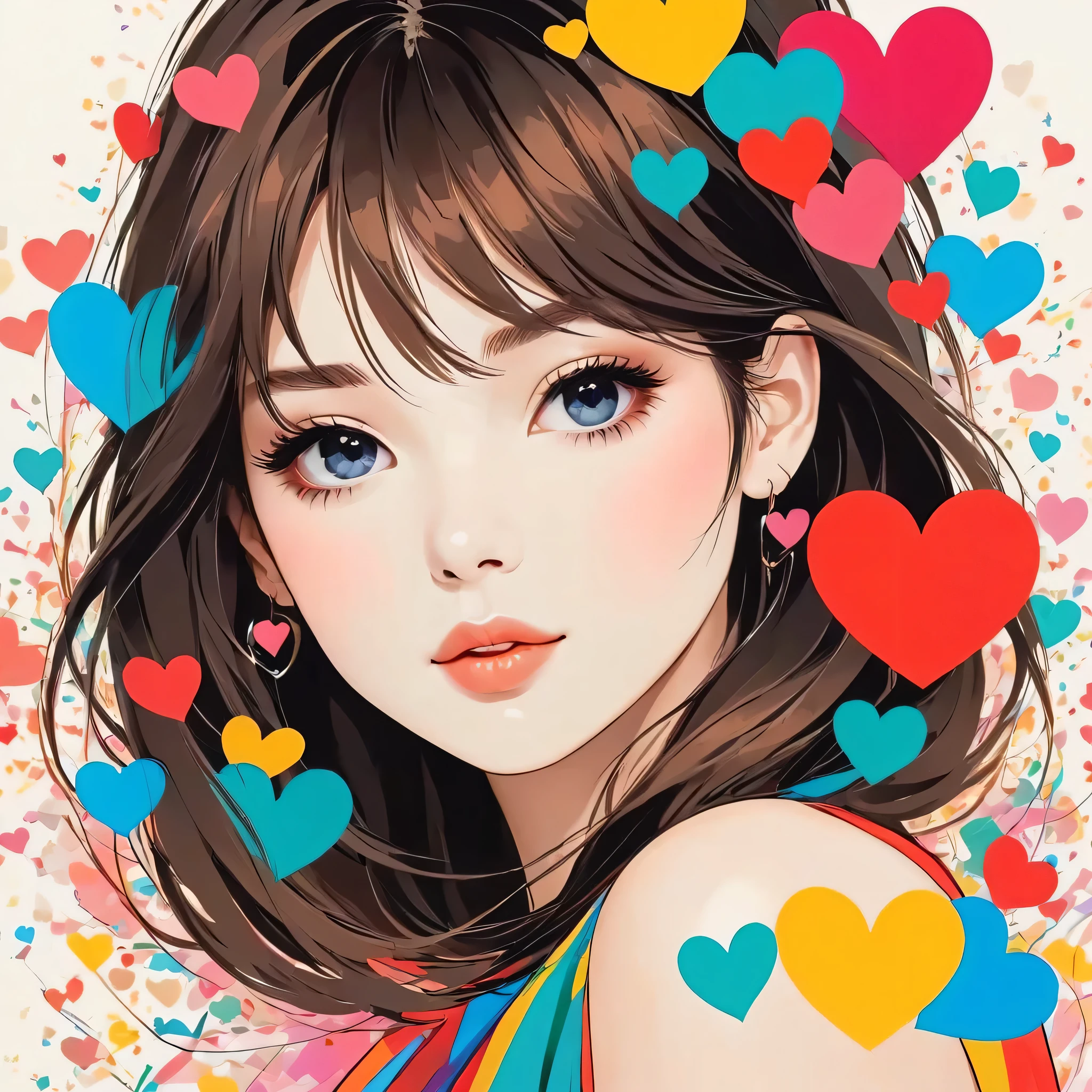 Mika Pikazo style, Simple Line Initialism,Abstract art,Urban Background, colorful hearts ,(((The most beautiful girl of all time))), Sweet face.