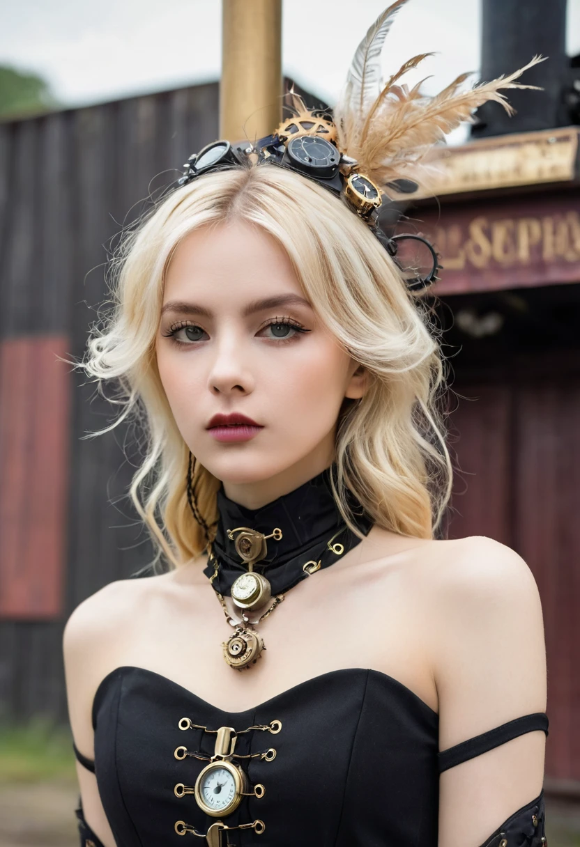 image de face , Fille blonde cheveux longs, robe sexy noire , collier, (époque victorienne), ((steampunk)), la photographie, travail, élégant, méticuleux, Magnifique, un maximum de détails, Recherche extrême de l'esthétique, détails complexes, beaucoup d'engrenages,