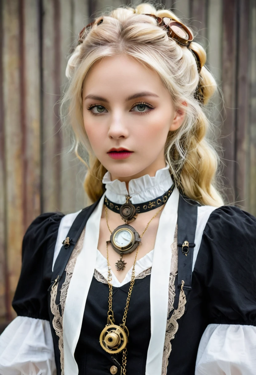 image de face , Fille blonde cheveux longs, robe sexy noire , collier, (époque victorienne), ((steampunk)), la photographie, travail, élégant, méticuleux, Magnifique, un maximum de détails, Recherche extrême de l'esthétique, détails complexes, beaucoup d&#39;engrenages,
