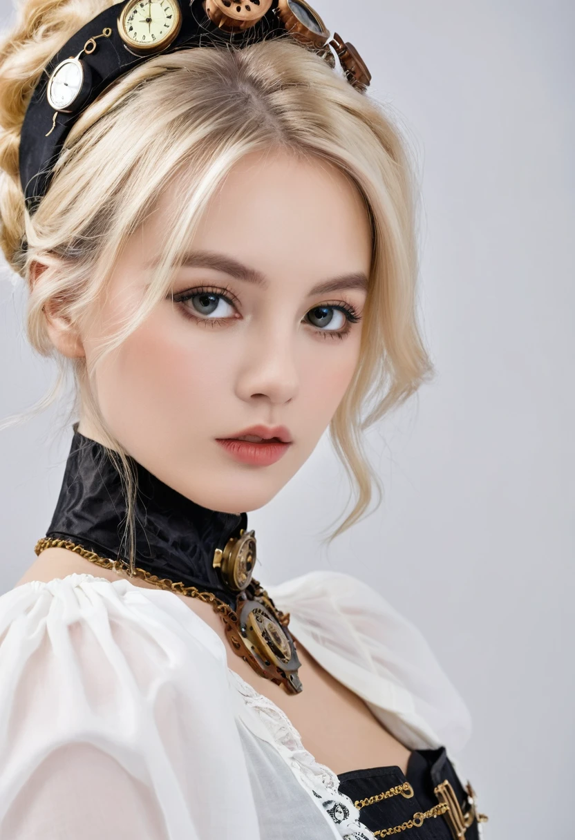 image de face , Fille blonde cheveux longs, robe sexy noire , collier, (époque victorienne), ((steampunk)), la photographie, travail, élégant, méticuleux, Magnifique, un maximum de détails, Recherche extrême de l'esthétique, détails complexes, beaucoup d&#39;engrenages,