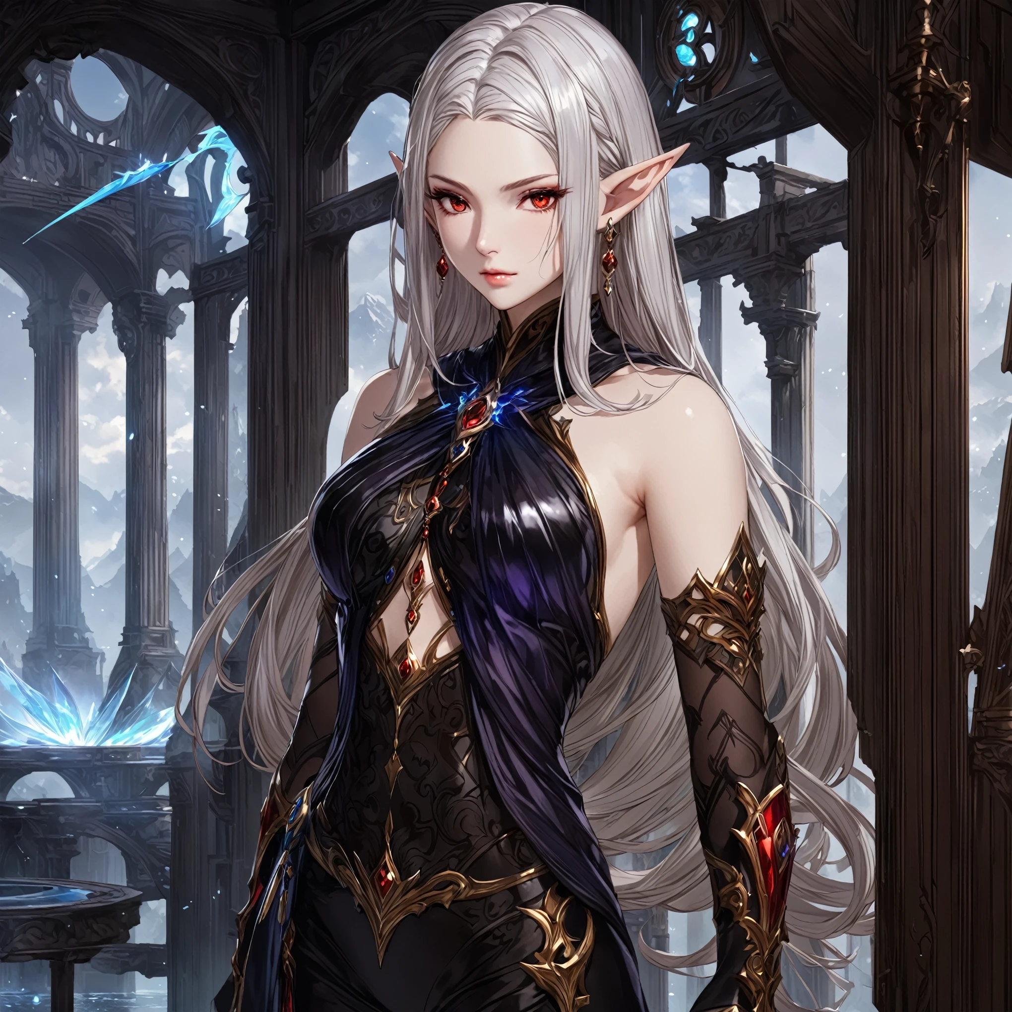 masterpiece, best quality, Fantasy aesthetics, Highly detailed, shadowverse style. female, elf, red eyes