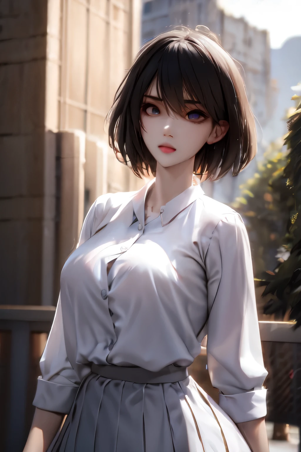 ((best quality)), ((Masterpiece)), (details:1.4), 3d, delicate big eyes，big clothes, high school girl, fierce girl , short hair, black hair, Shiny skin, fine hair, ใบหน้าที่มีdetails, (beautiful scenery),