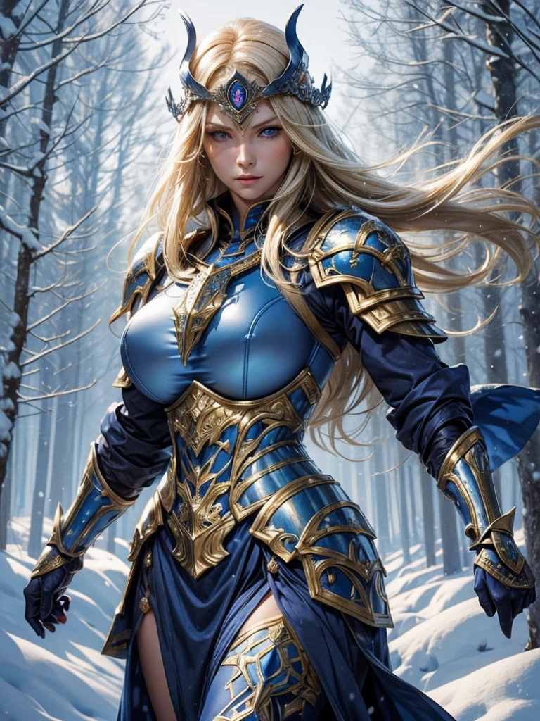 A blonde woman, (glowing blue eyes), she wears (shiny dark blue armor) with gold trim, reflective surface, intricate details, Viking helmet covers her head, boob window. Stern expression, fists clenched by her sides. (detailed hands and fingers, gold gauntlet). show her walking through a snowy forest, slowly falling snow flakes