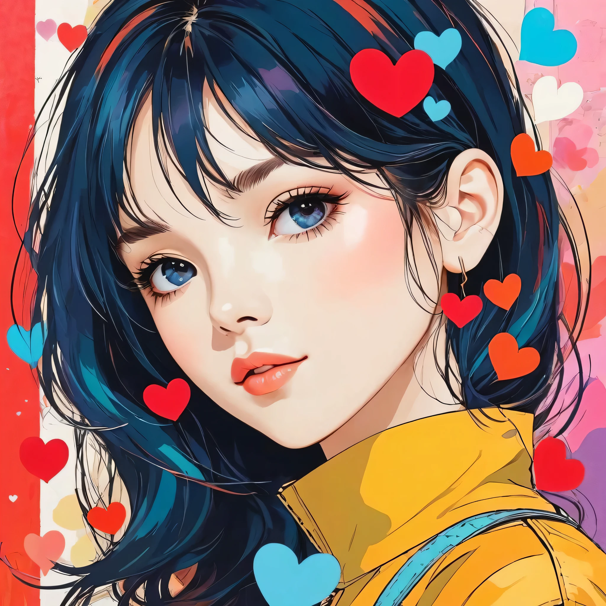 Mika Pikazo style, Simple Line Initialism,Abstract art,Urban Background, colorful hearts ,(((The most beautiful girl of all time))), Sweet face.