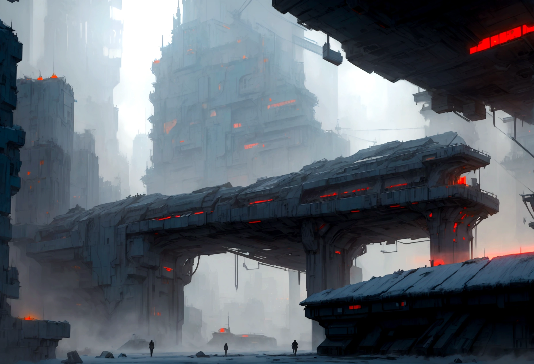 Futuristic, landscape sidescroller, a bridge in a city, urban concept art, winter concept art, bastien grivet, concept art scene, 2d concept art, digital concept art of dystopian, ❄️ corruption conceptart, cyberpunk themed art, andreas rocha style, cold environment, detailed digital concept art, concept art style, professional concept art, cyberpunk art style