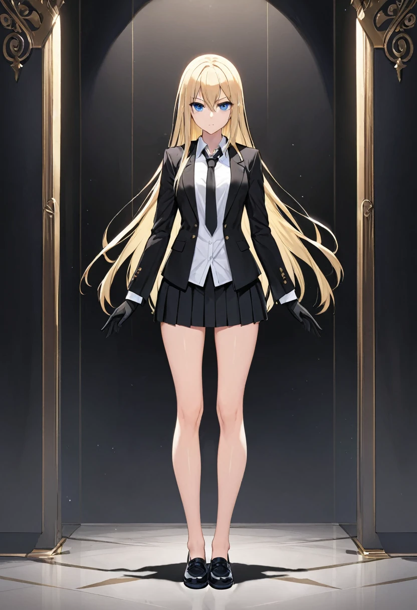 Black miniskirt , black shoes , white dress shirt , face , assassin , black shorts blazer , black long tie , whole body , bare legs , thighs , whole body , pleated skirt , Black gloves , standing posture , blonde hair , blue eyes , straight hair