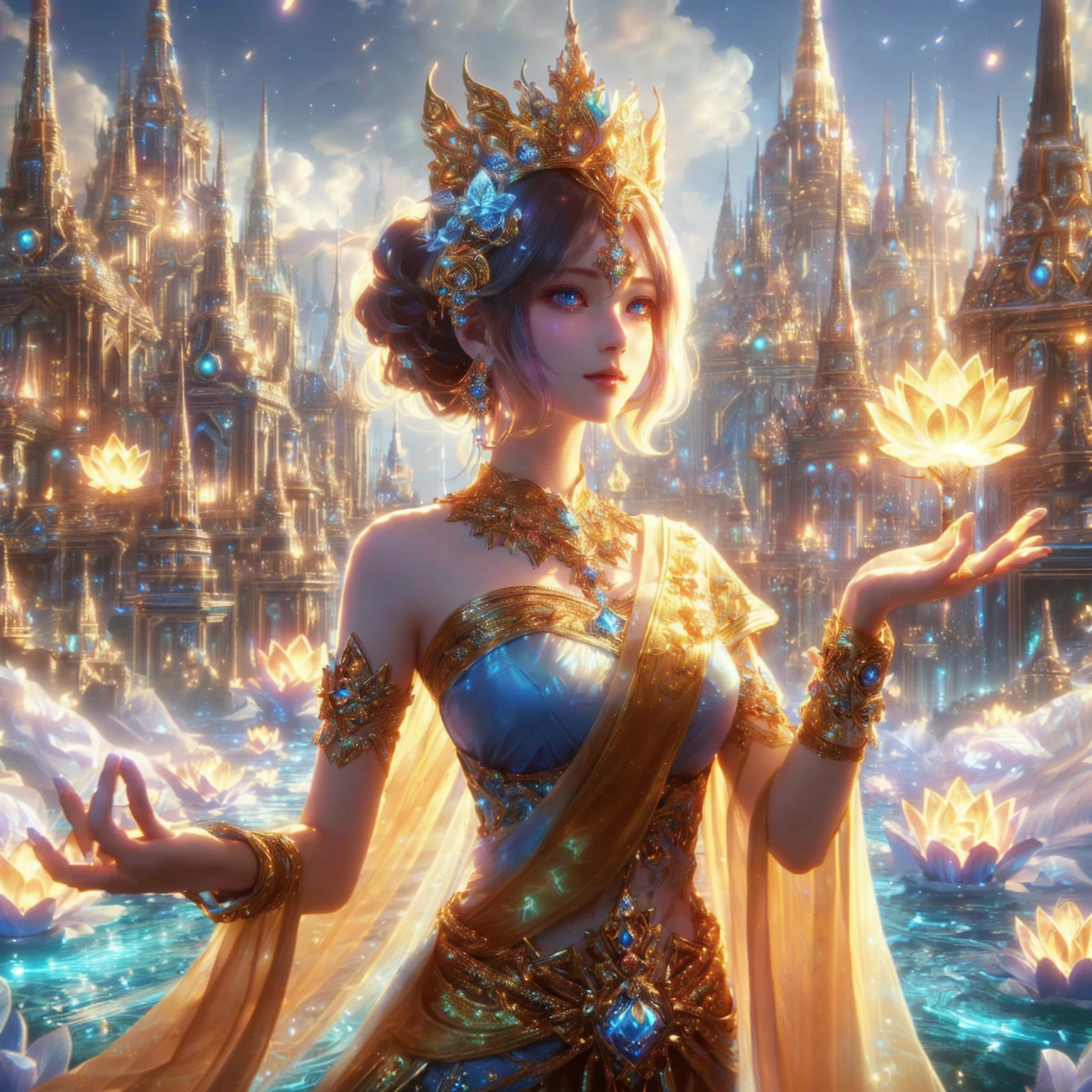 realistic woman , Close-up of a woman in a blue dress with lights shining behind her., extremely detailed , anime goddess, beautiful heavenly mage, High quality 8K detailed artwork., Argerm. anime illustration, Beautiful Fantasy Empress, beautiful devil girl, Fantasy anime artwork, beautiful goddess, Argerm style, Detailed digital anime art