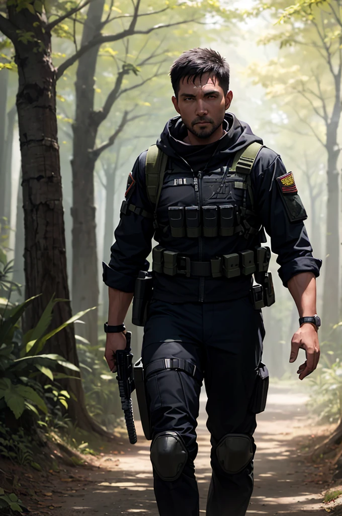 There is a man walking through a forest, He carries a katana, Wearing a tactical suit. (Spec Ops soldier) (Solo)