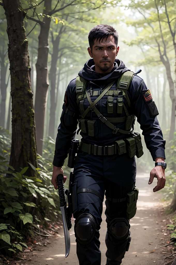 There is a man walking through a forest, He carries a katana, Wearing a tactical suit. (Spec Ops soldier) (Solo)