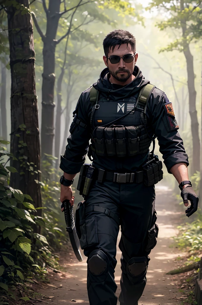 There is a man walking through a forest, He carries a katana, Wearing a tactical suit. (Spec Ops soldier) (Solo)