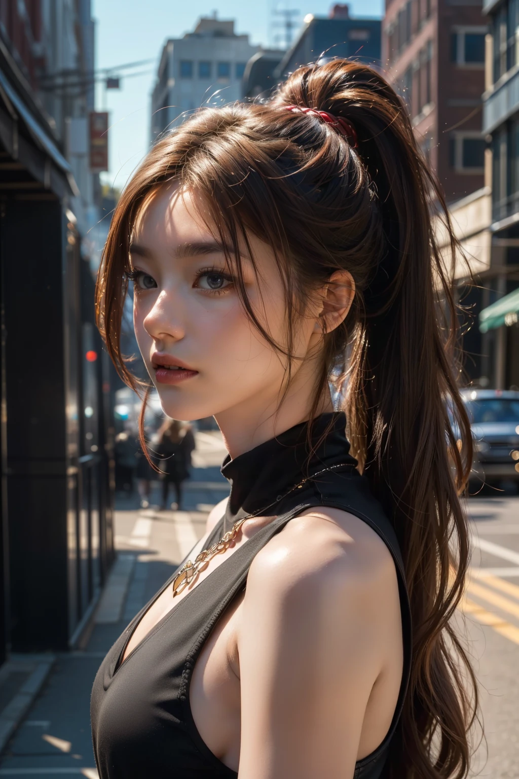 ((Masterpiece, Highest quality, Highest picture quality, high resolution, realistic, raw image, 8K)), ultra wide angle, long hair girl, red hair, high ponytail, Focus on SF concept art, With bright colors and sharp focus. The overall lighting captures the essence of the film's concept art.,
