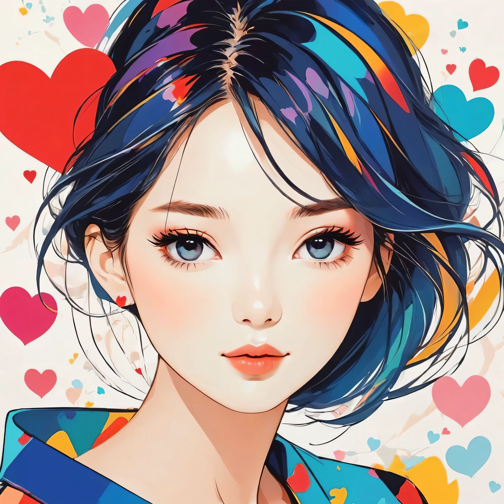 Mika Pikazo style, Simple Line Initialism，Abstract art，Urban Background, colorful hearts ,(((The most beautiful girl of all time))), Sweet face.