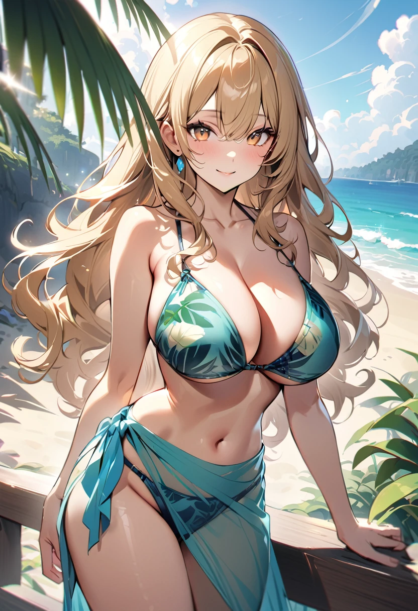 1 lady, 20 years old, blonde hair, long hair, wavy hair, light brown eyes, huge ,
BREAK (masterpiece), (high resolution 8K), cinematic lighting, professional lighting, detailed eyes and face, detailed body,
BREAK relaxing on a pristine beach in Bali.
She’s wearing a tropical print bikini with a sheer sarong, perfectly blending with the exotic beauty of the surroundings.
The image captures her as she smiles radiantly under the warm Balinese sun, with turquoise waters and lush greenery in the background