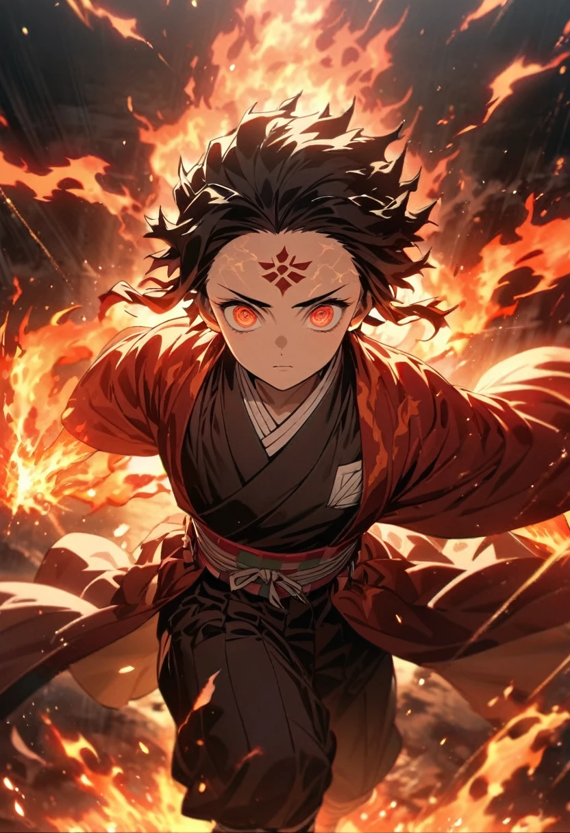 Symmetric,Absurd, High resolution, Super detailed, High resolution, masterpiece, Highly detailed face and eyes, tanjiro kamado, Kimetsu no Yaiba,,Black Hair , , alone, male, good looking,Forehead mark ,, , Epic battle scenes,fiery red lightning effect, Shining Sparkle, , Flame effect, Fire aura effect,Iris, Flame Splash, Surrounded by fiery energy