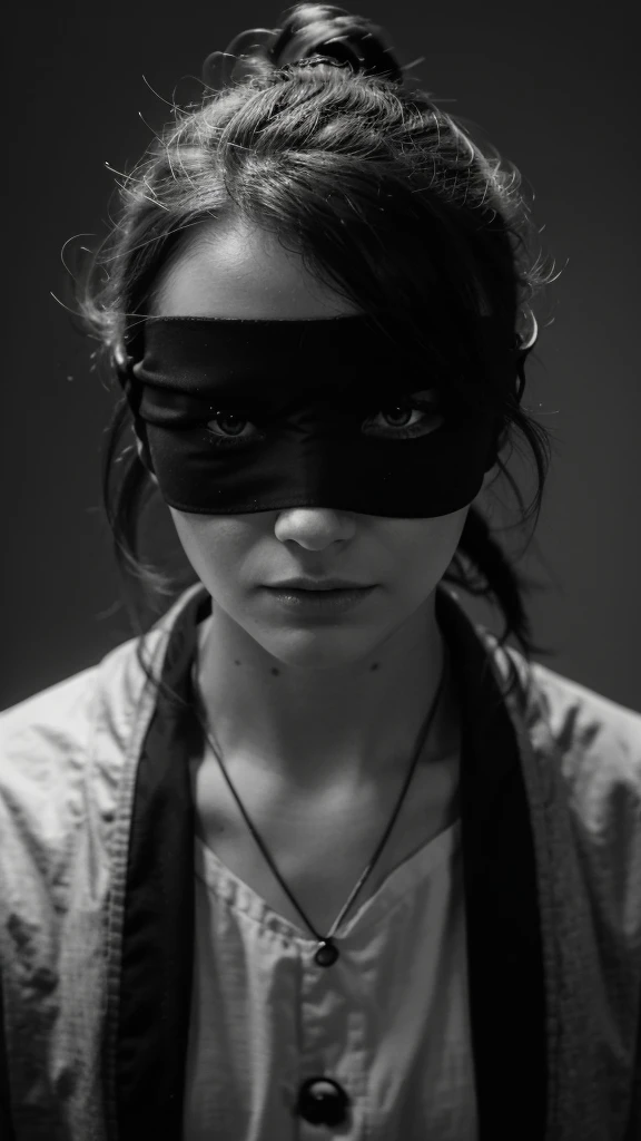 "A grayscale digital portrait of a mysterious person with a blindfold or eyepatch, having a strong and intense expression. The background is dark and minimalist, with a bold text overlay in white or light gray, containing a phrase or username. The art style is highly realistic and detailed, with a focus on the subject's facial features and texture. The overall mood is ominous, intriguing, and thought-provoking.