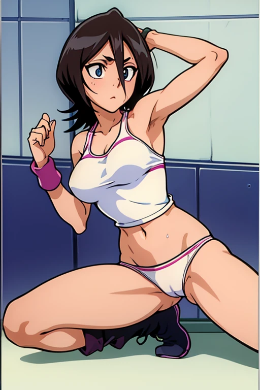 tennis girl's massive out of bottomless spaghetti strap tank top out bare and wet boots spreading her legs, gloved hands hidden behind head, blindf