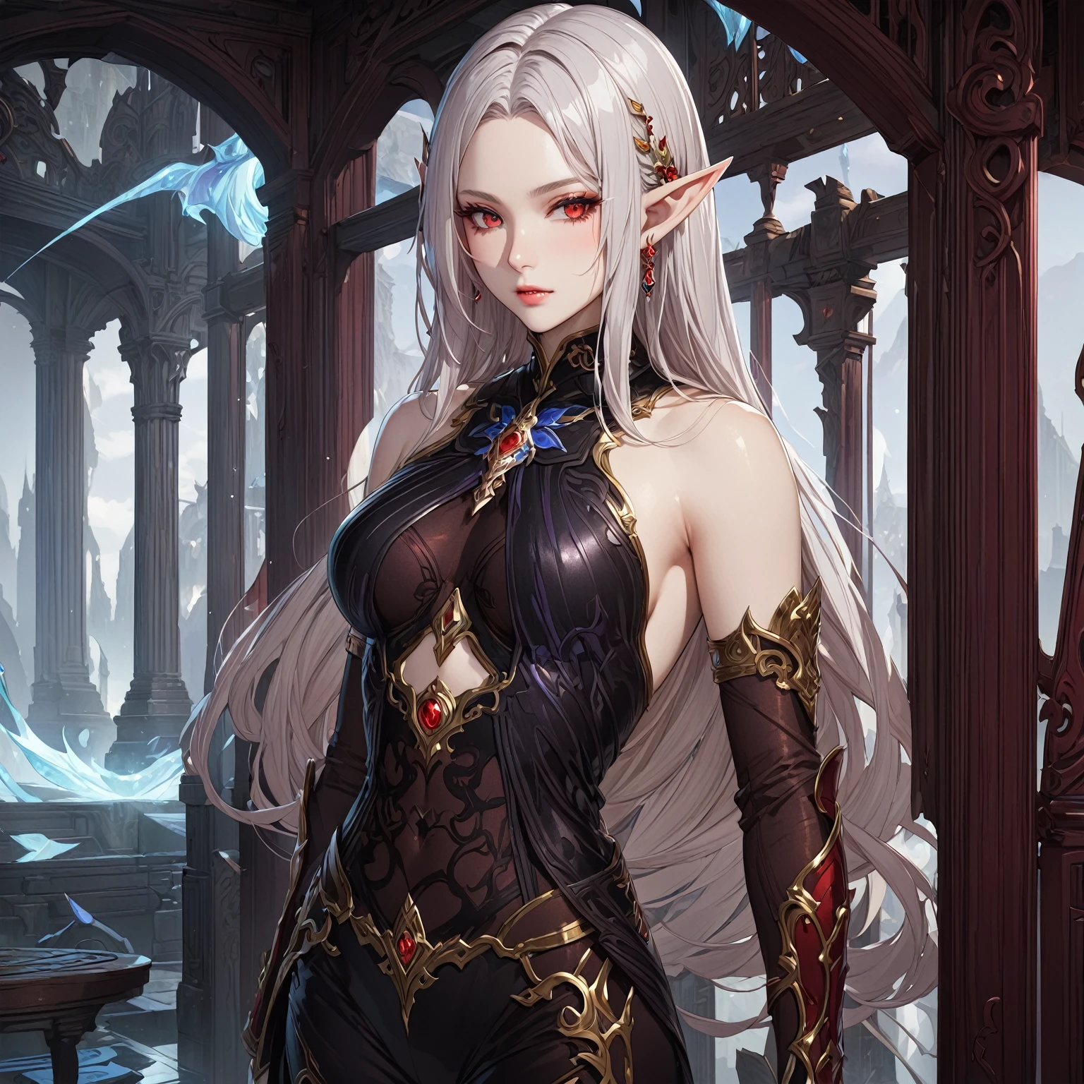 masterpiece, best quality, Fantasy aesthetics, Highly detailed, shadowverse style. female, elf, red eyes