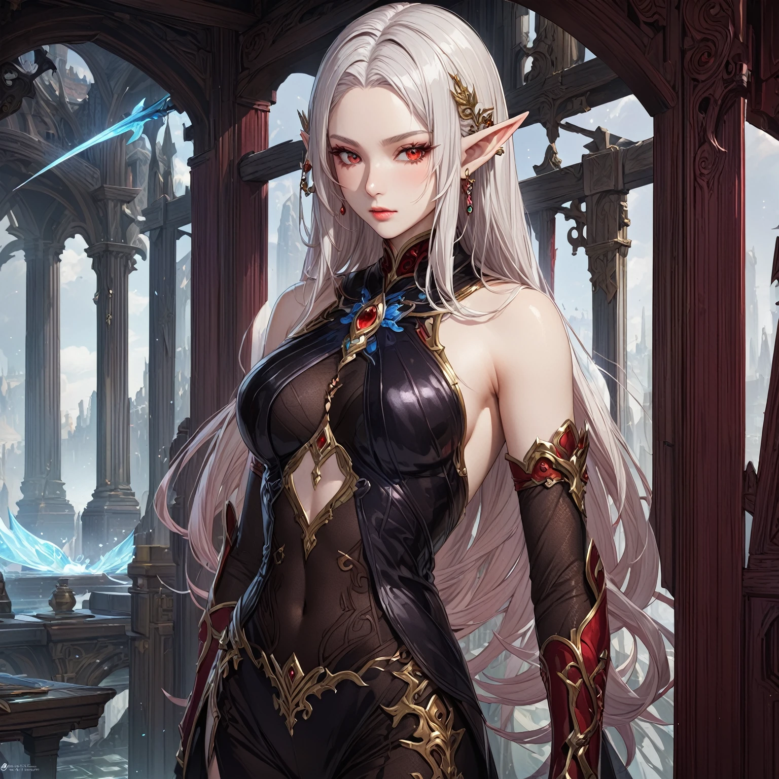 masterpiece, best quality, Fantasy aesthetics, Highly detailed, shadowverse style. female, elf, red eyes