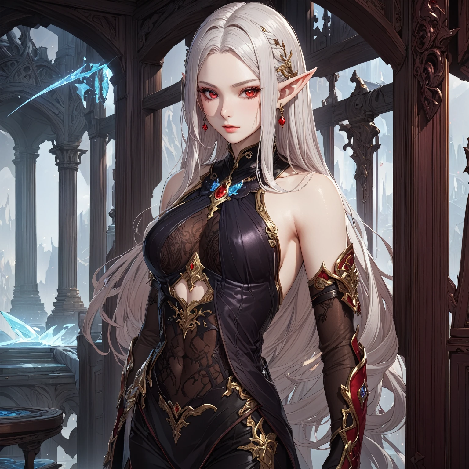 masterpiece, best quality, Fantasy aesthetics, Highly detailed, shadowverse style. female, elf, red eyes