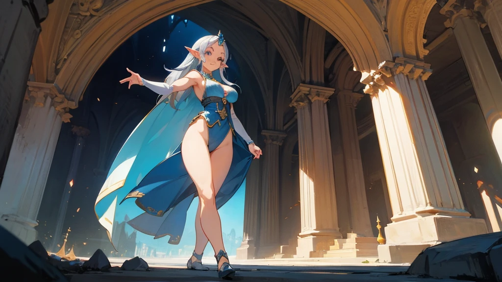 Anime Style,Nostalgic,Detailed background,The medieval world,A palace-like cave,A beautiful silver-haired smiling bard elf,Large Breasts,Healthy thighs,Underarm,M-shaped legs