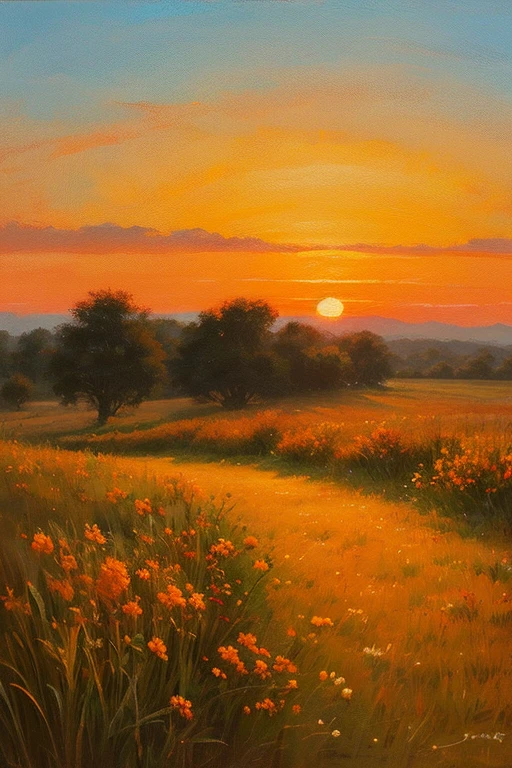 Highest quality、Landscape painting、Plains、Sunset、orange、Looking back