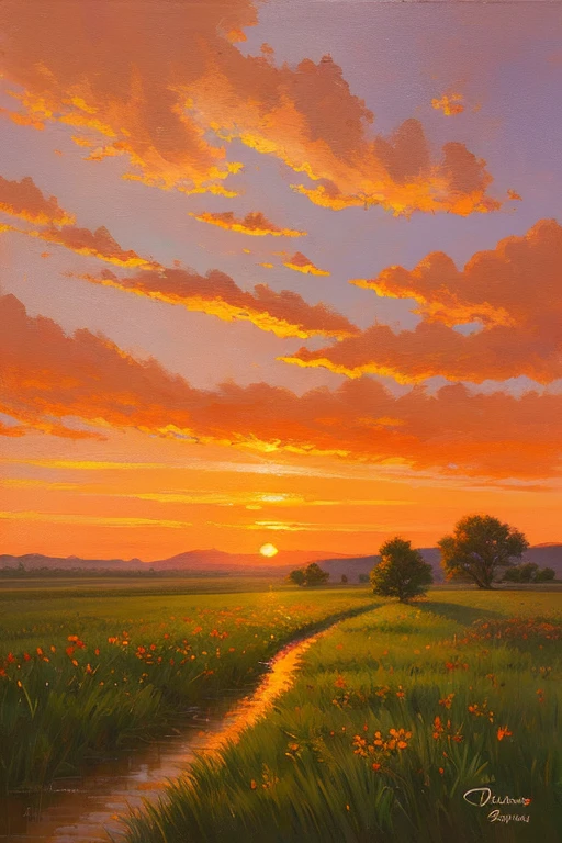 Highest quality、Landscape painting、Plains、Sunset、orange、Looking back