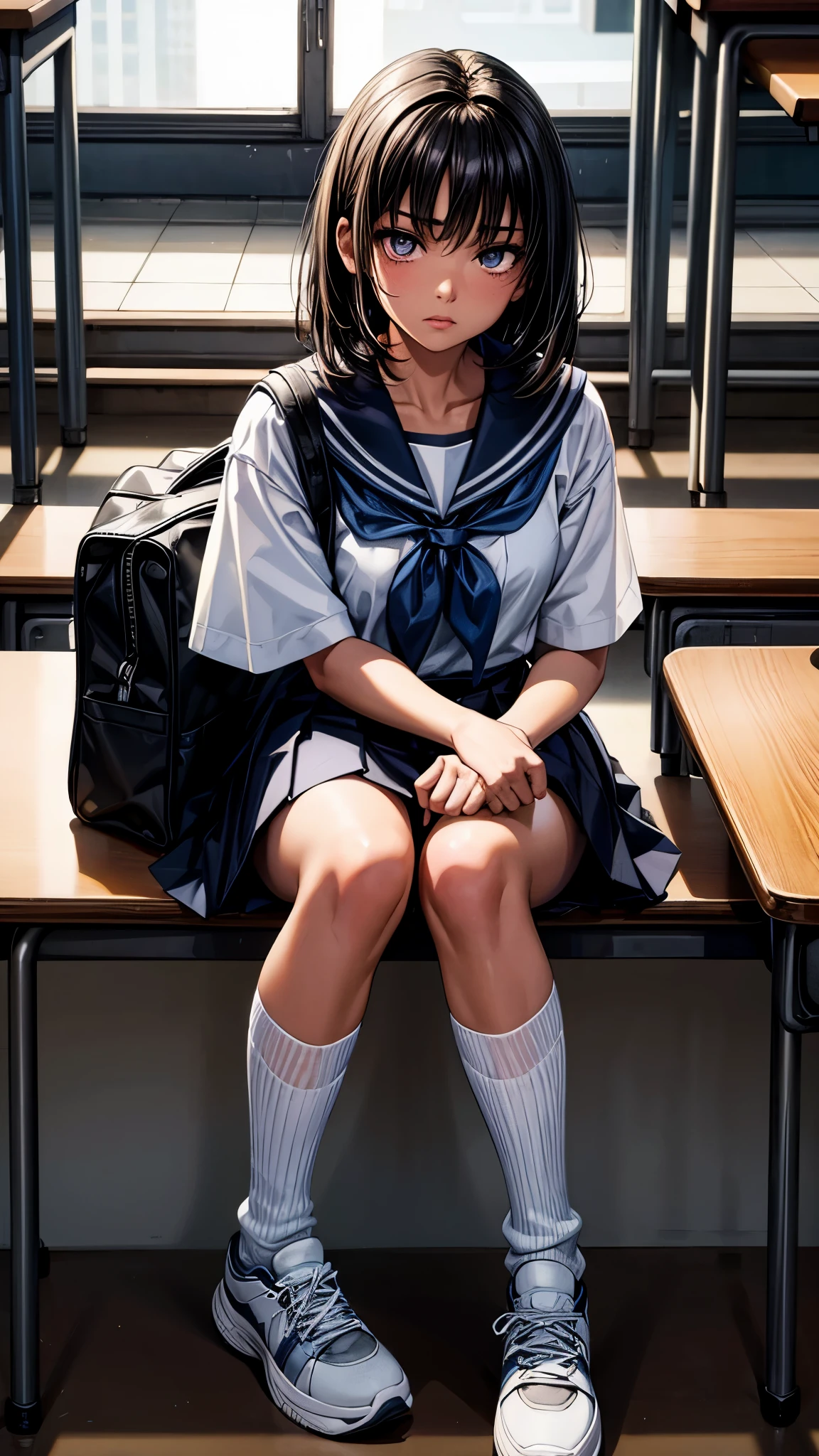 beautiful detailed eyes, beautiful detailed lips, extremely detailed eyes and face, longeyelashes, 1 girl, face close up, inside the school, inside the classroom, 16 years old, sweat, dark skin color, short black hair, displeased, sulky, sailor suit, dark blue color, white shirts, short sleeve, school, dark blue skirt, black skirt, high socks, sneaker, school bag, best quality, 4k, 8k, highres, masterpiece:1.2, ultra-detailed, realistic, photorealistic, photo-realistic:1.37, HDR, UHD, studio lighting, ultra-fine painting, sharp focus, physically-based rendering, extreme detail description, professional, vivid colors, bokeh, portraits