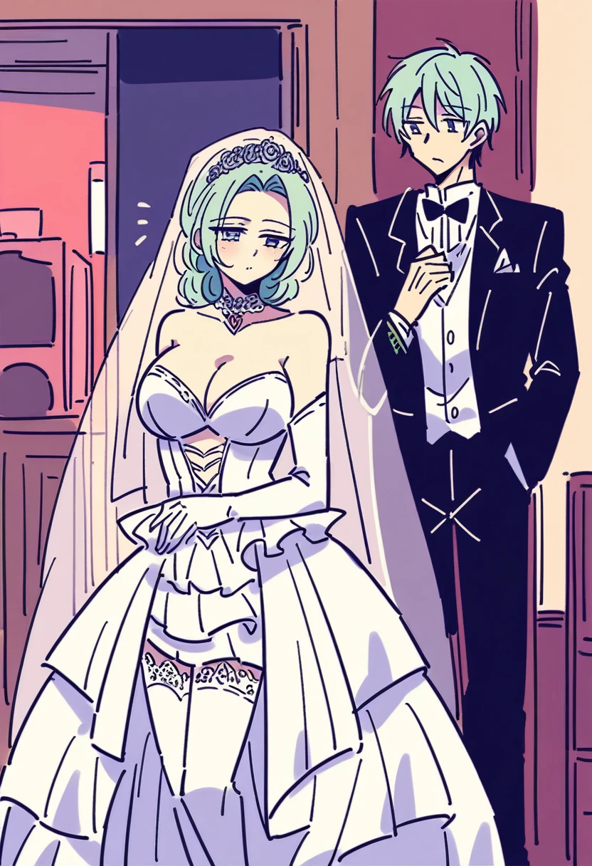 ((highest quality)), ((masterpiece)), (detailed), （Perfect Face）、The woman is an alien Mercury, wearing an alien wedding dress and an alien wedding veil, with short blue hair and a completely alien body.、The woman is happily holding hands with the powerful alien king at their wedding.